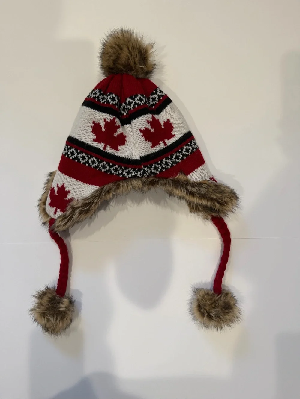 Kids Red Knit Faux-Fur Trapper Hat with Pom Poms